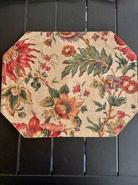 Vintage Floral Linen-Style  Placemat in Red and Green Floral Tan Background